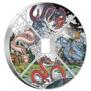 4 x 1 Unze Silbermünzen SET Tuvalu 2024 Polierte Platte in Farbe | Lunar Serie - Motiv: DRACHE || 4er Münz Set