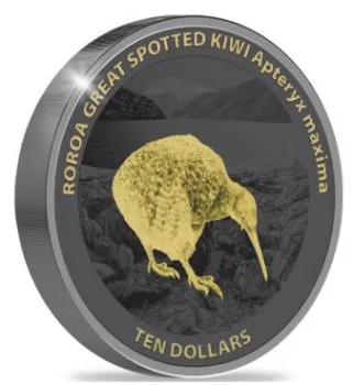5 Unze Silbermünze Neuseeland 2024 - Kiwi in High Relief und Black Proof vergoldet