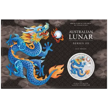 1 Unze Silbermünze Australien 2024 Blister in Farbe ( Blue Dragon ) - Lunar Serie 3 - Motiv: DRACHE | Privy Mark: Perth Stamp & Coin Show 2024