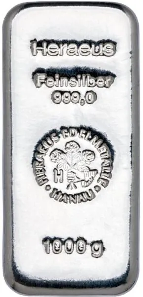 1000 Gramm / 1 Kilo Silberbarren Heraeus mit Seriennummer